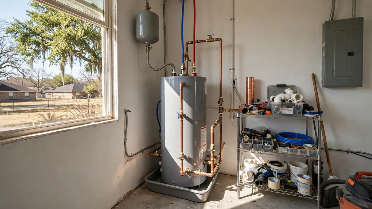 Water heater in a utility room with copper supply pipes, shelving and an expansion tank
