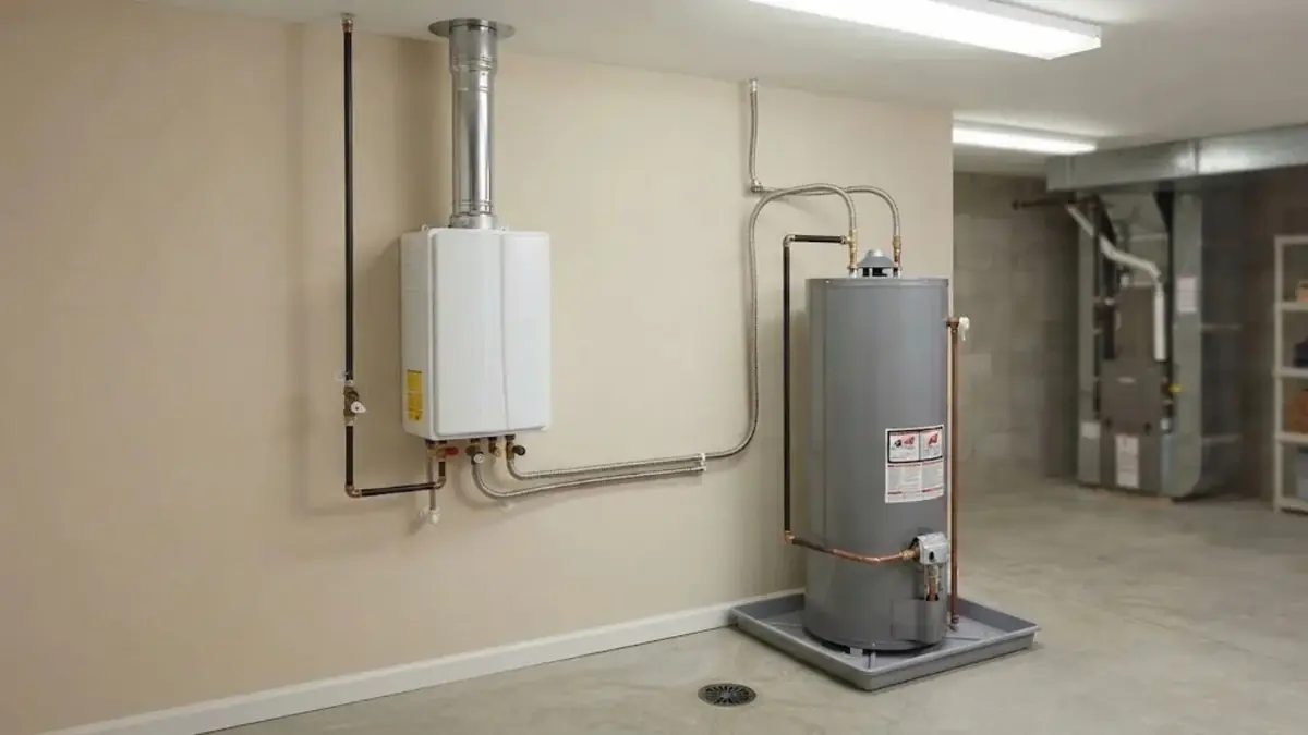 Wall mounted tankless water heater with exhaust vent beside a gray tank water heater