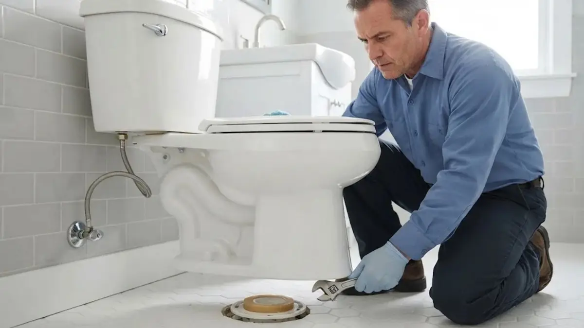 Plumber kneeling beside a new toilet with a wax ring on the floor flange