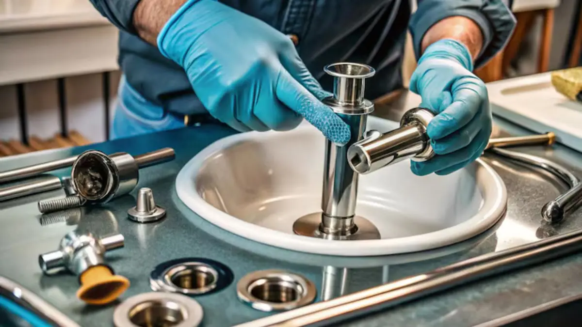 Blue gloved hands disassembling a chrome kitchen faucet with spare parts spread on the sink deck