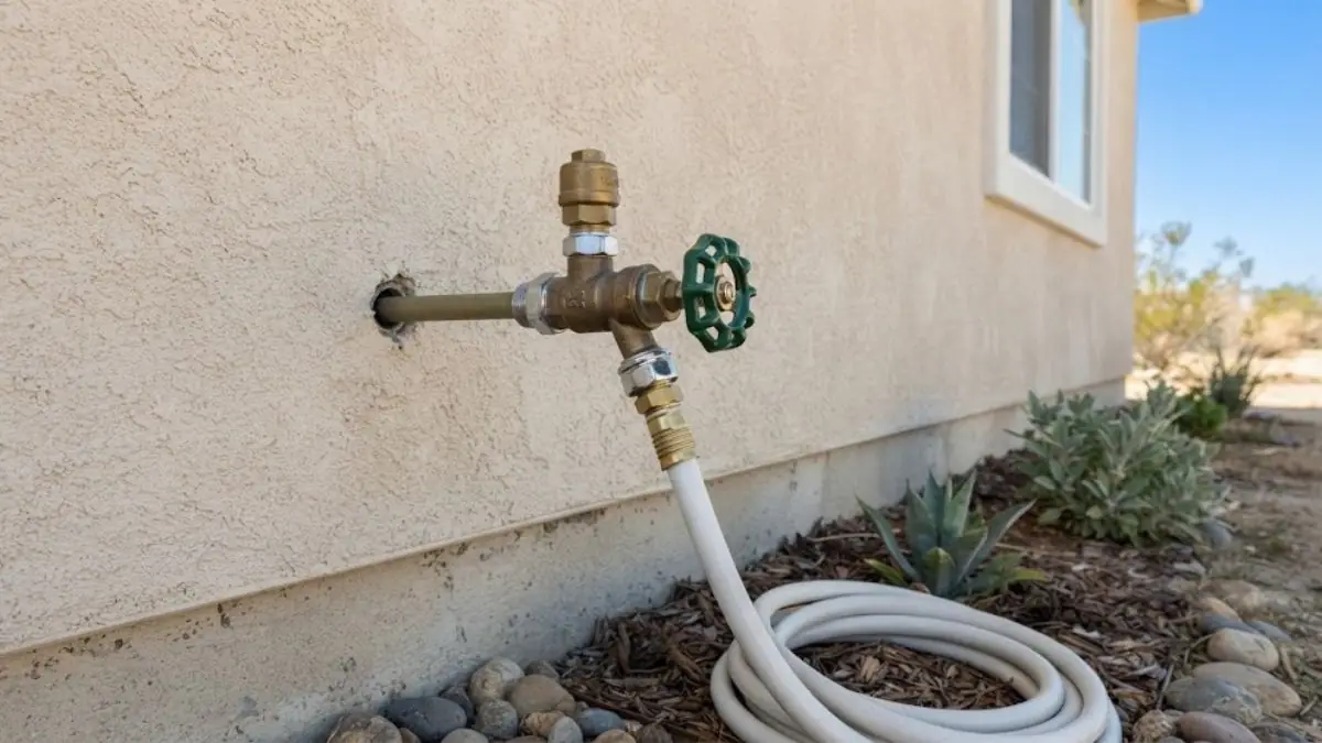 Brass outdoor spigot with green handle on a stucco wall and a coiled white garden hose