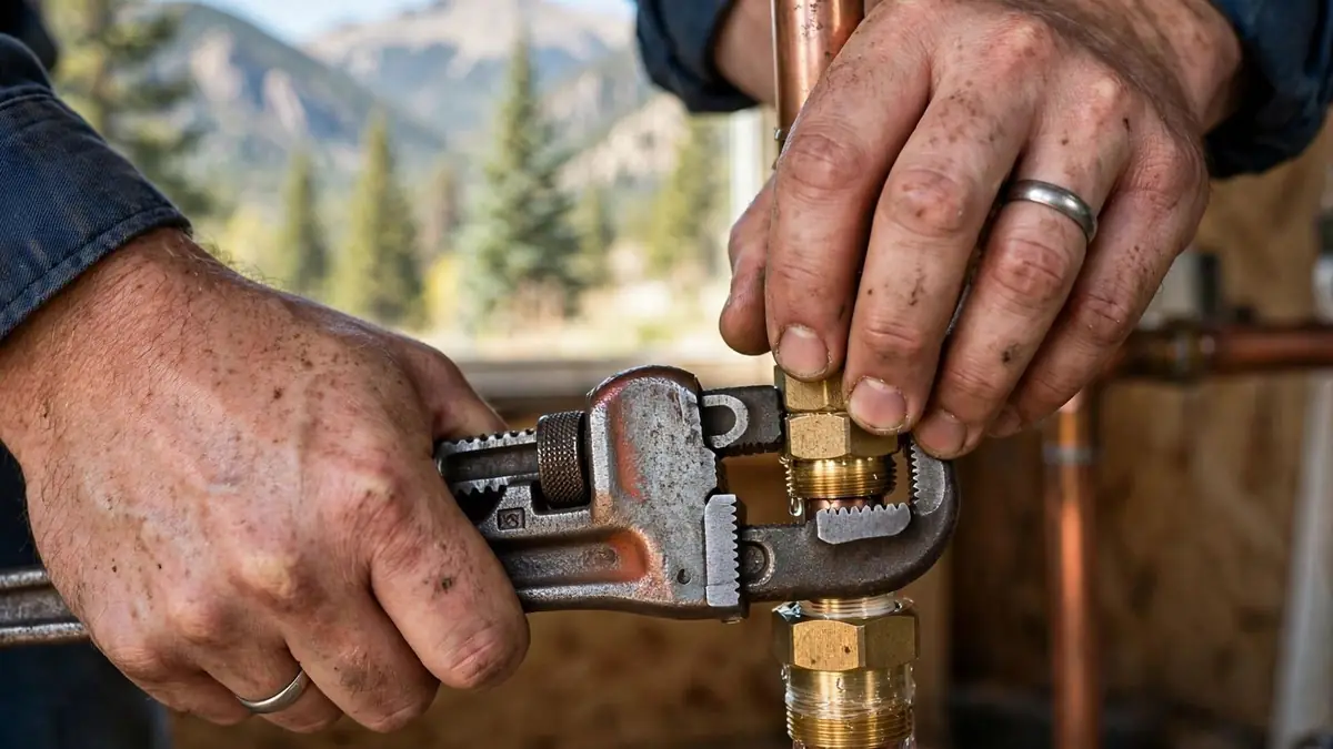 Weathered hands using a pipe wrench to tighten a brass compression fitting on copper pipe