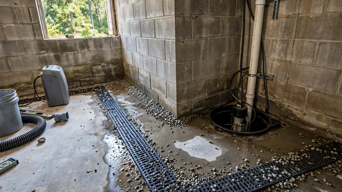 Basement floor with a drain channel and gravel trench leading to a sump pit