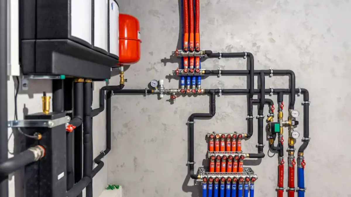 Boiler room wall of insulated black heating pipes with red and blue manifolds