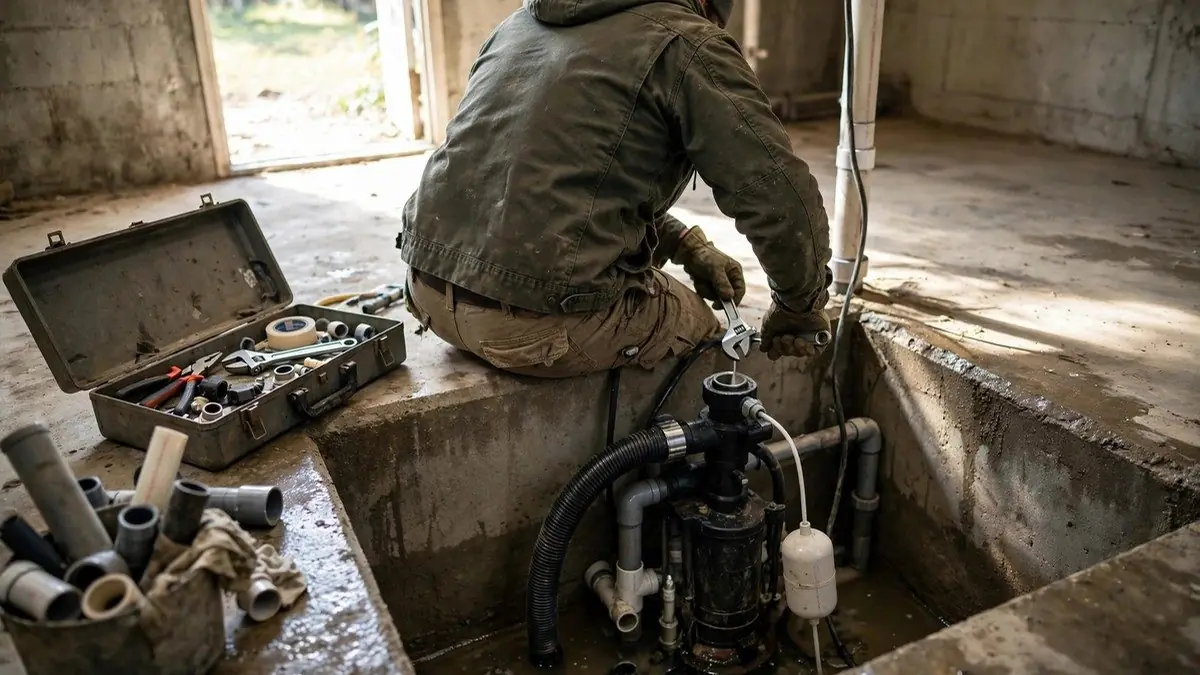 Worker seated on the edge of a concrete pit tightening fittings on a sump pump