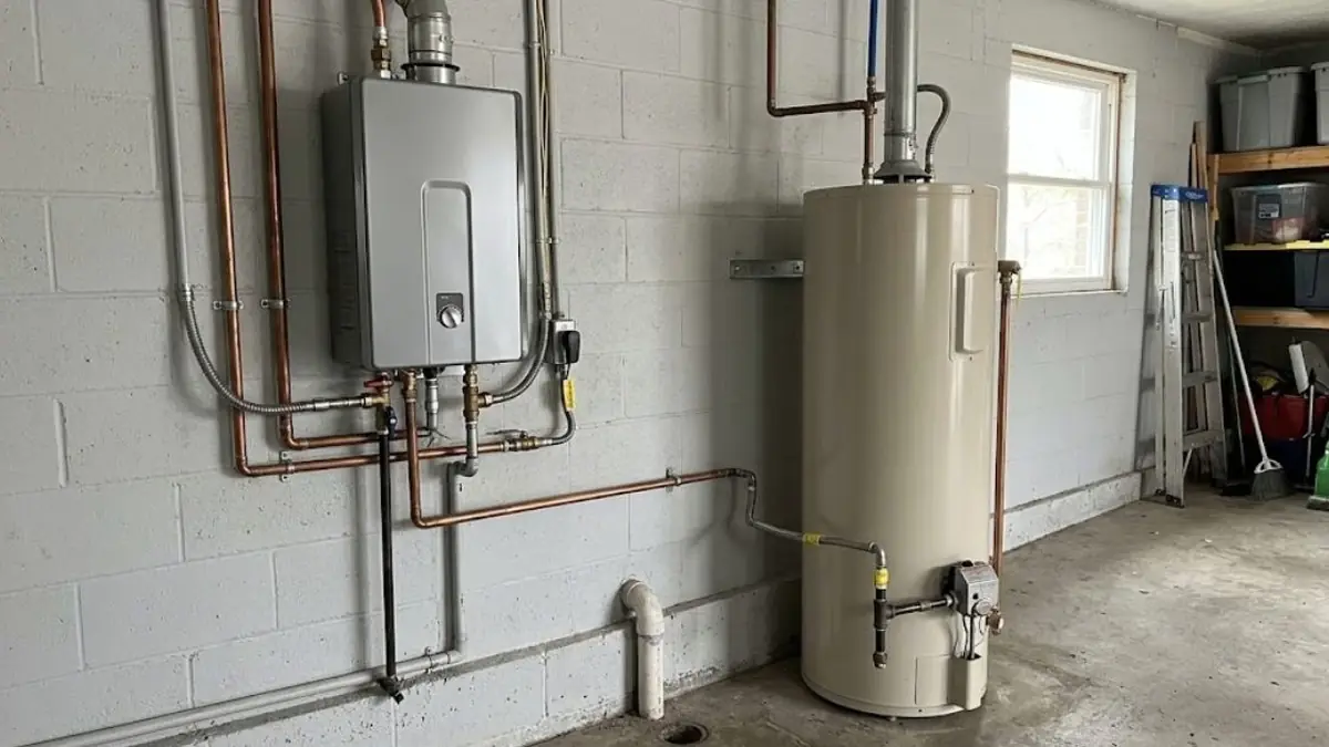 Beige gas water heater with gas line beside a wall mounted tankless unit in a garage