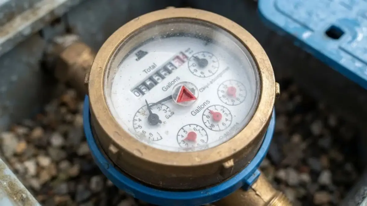 Close view of a brass cased water meter dial with a red leak indicator triangle