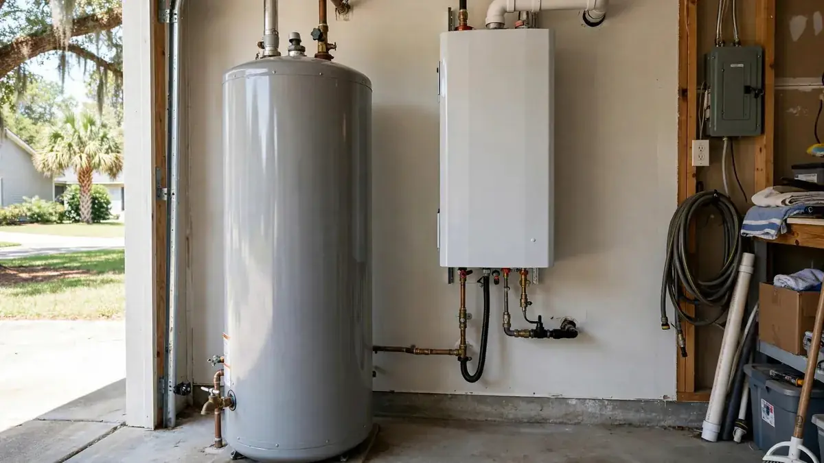 Large gray tank water heater beside a slim wall mounted tankless heater in a garage