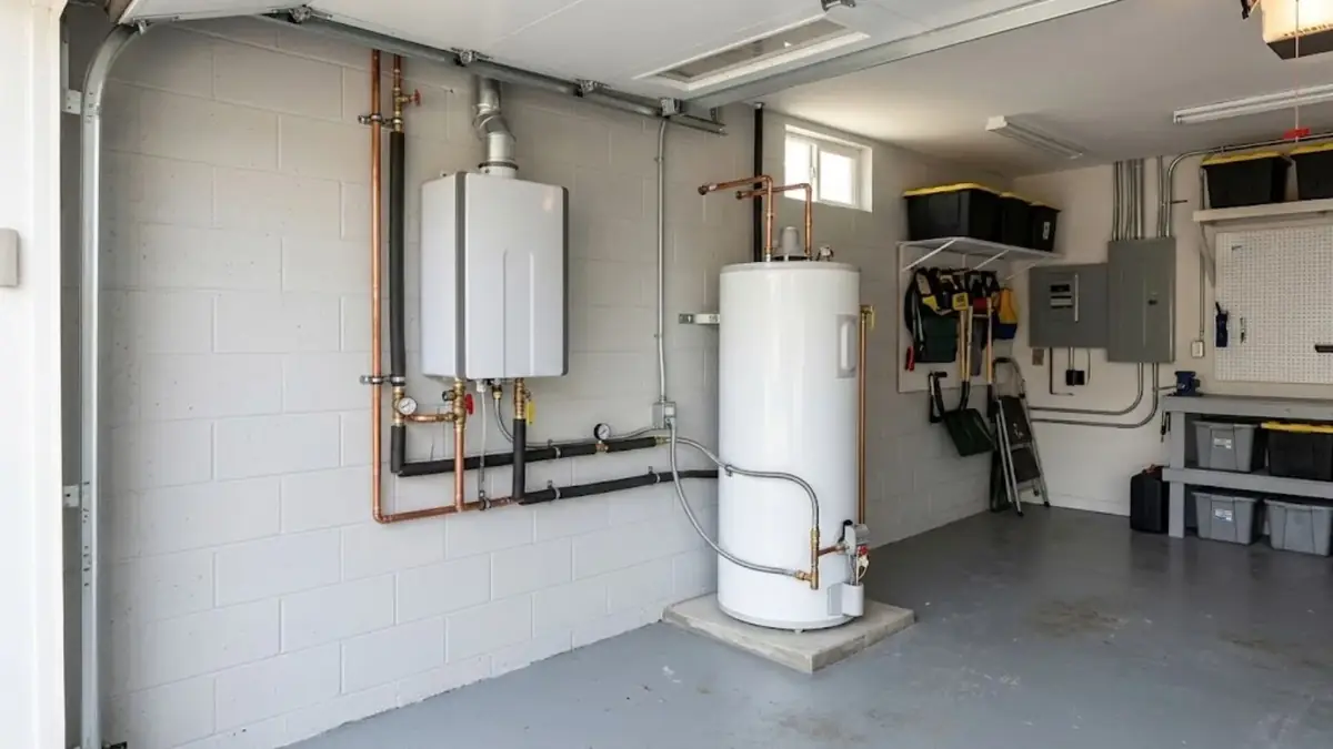 White tank water heater on a pad beside a wall mounted tankless unit in a garage