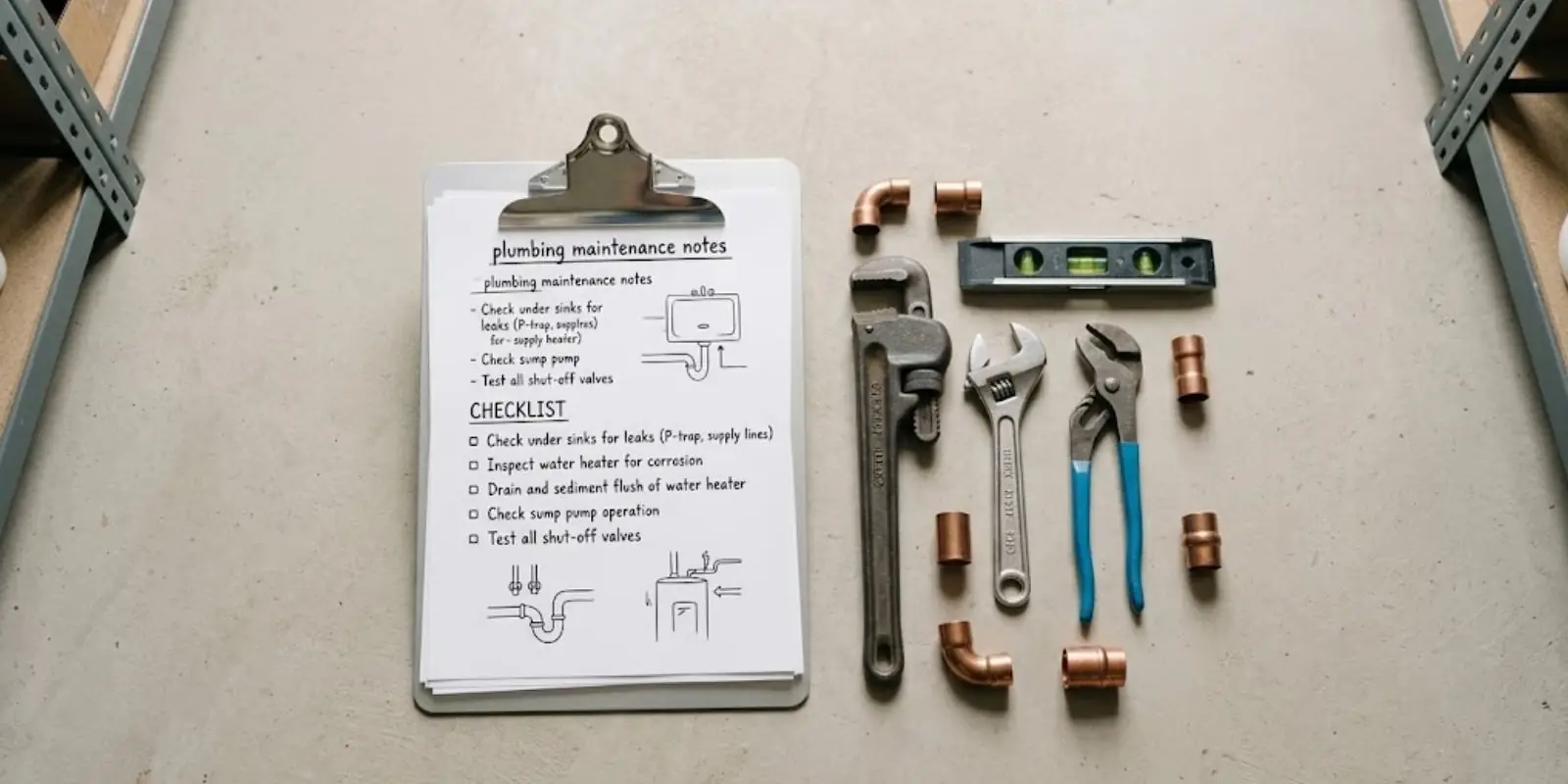 Clipboard with a plumbing maintenance checklist beside a pipe wrench, level, pliers and copper fittings