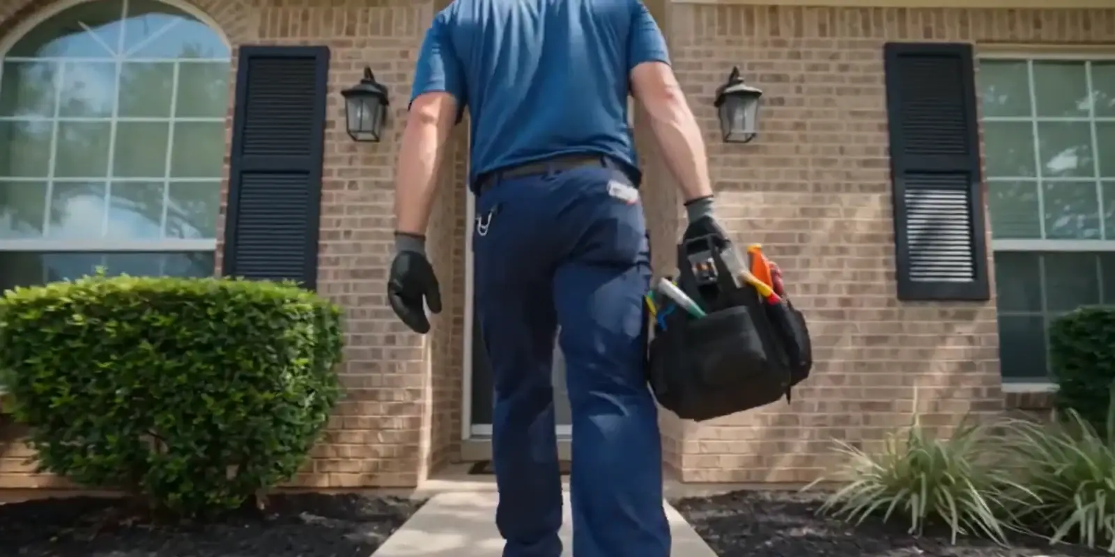 Service technician in blue shirt carrying a tool bag up a walkway to a brick house