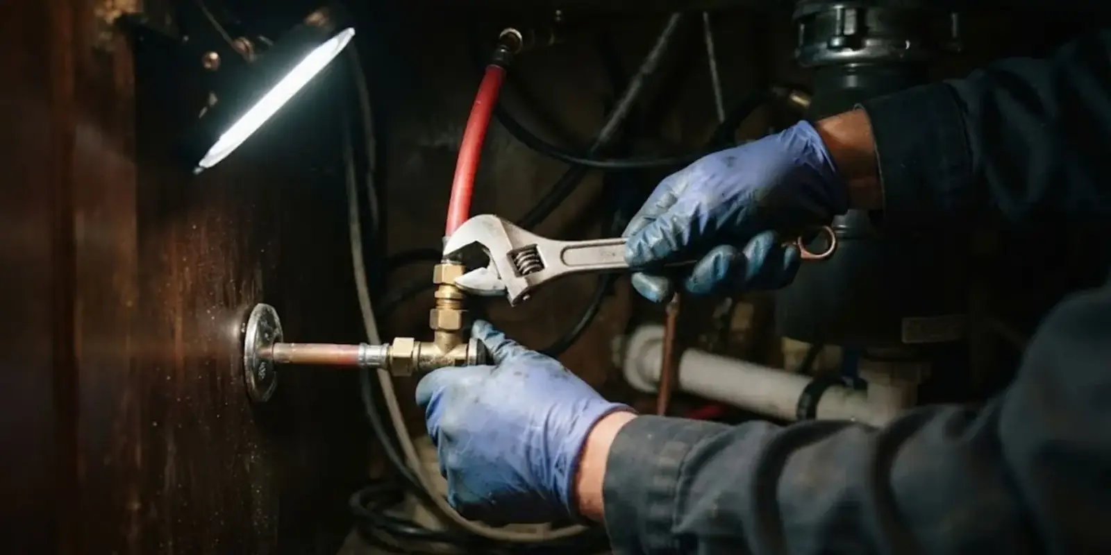 Gloved hands tightening a brass fitting with an adjustable wrench under a lit sink cabinet