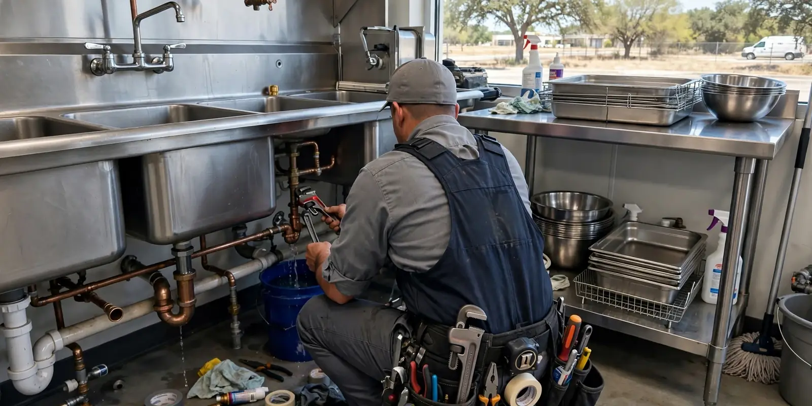 Plumber kneeling with a pipe wrench beside a triple basin stainless sink in a commercial kitchen