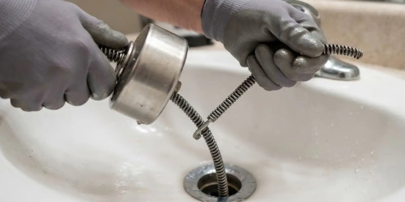 Gloved hands feeding a drain snake into a sink drain to clear a clogged line