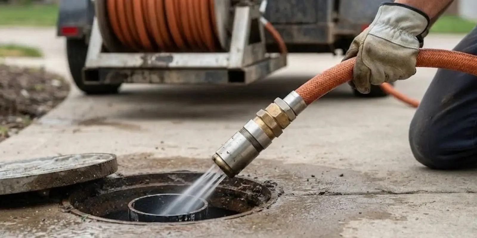 Worker feeding a high pressure jetting hose into an open sewer cleanout beside a hose reel