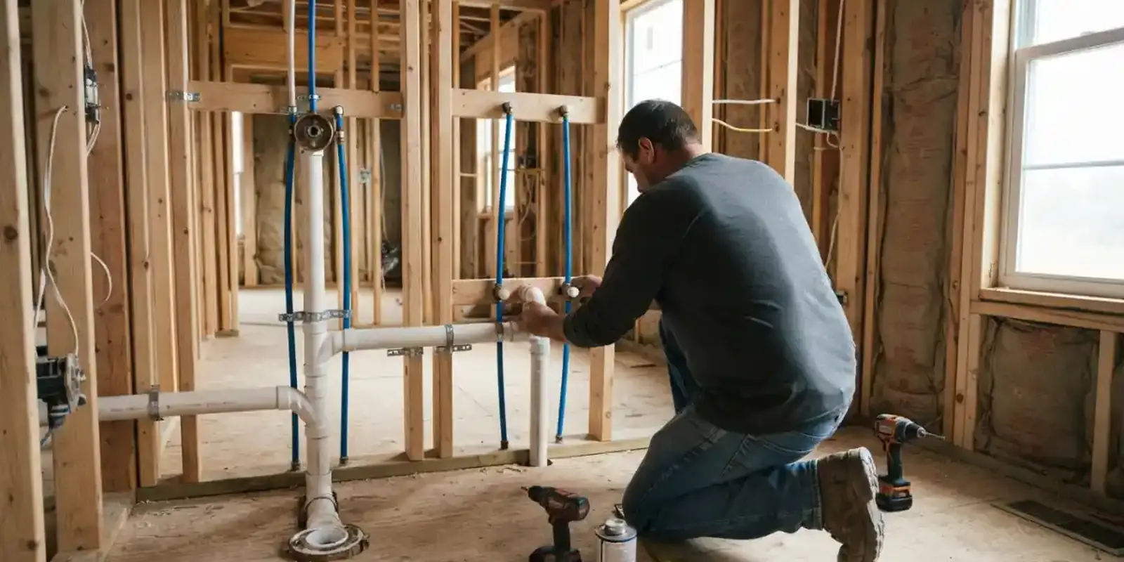 Plumber kneeling in a framed house connecting white drain pipes and blue supply lines