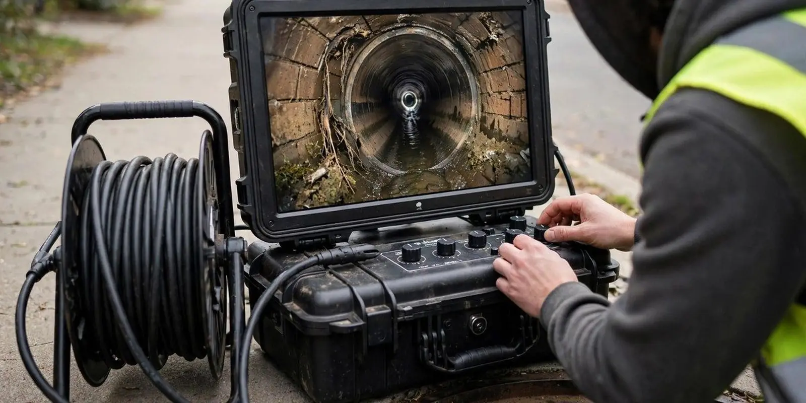 Technician operating a sewer camera monitor and cable reel beside an open manhole