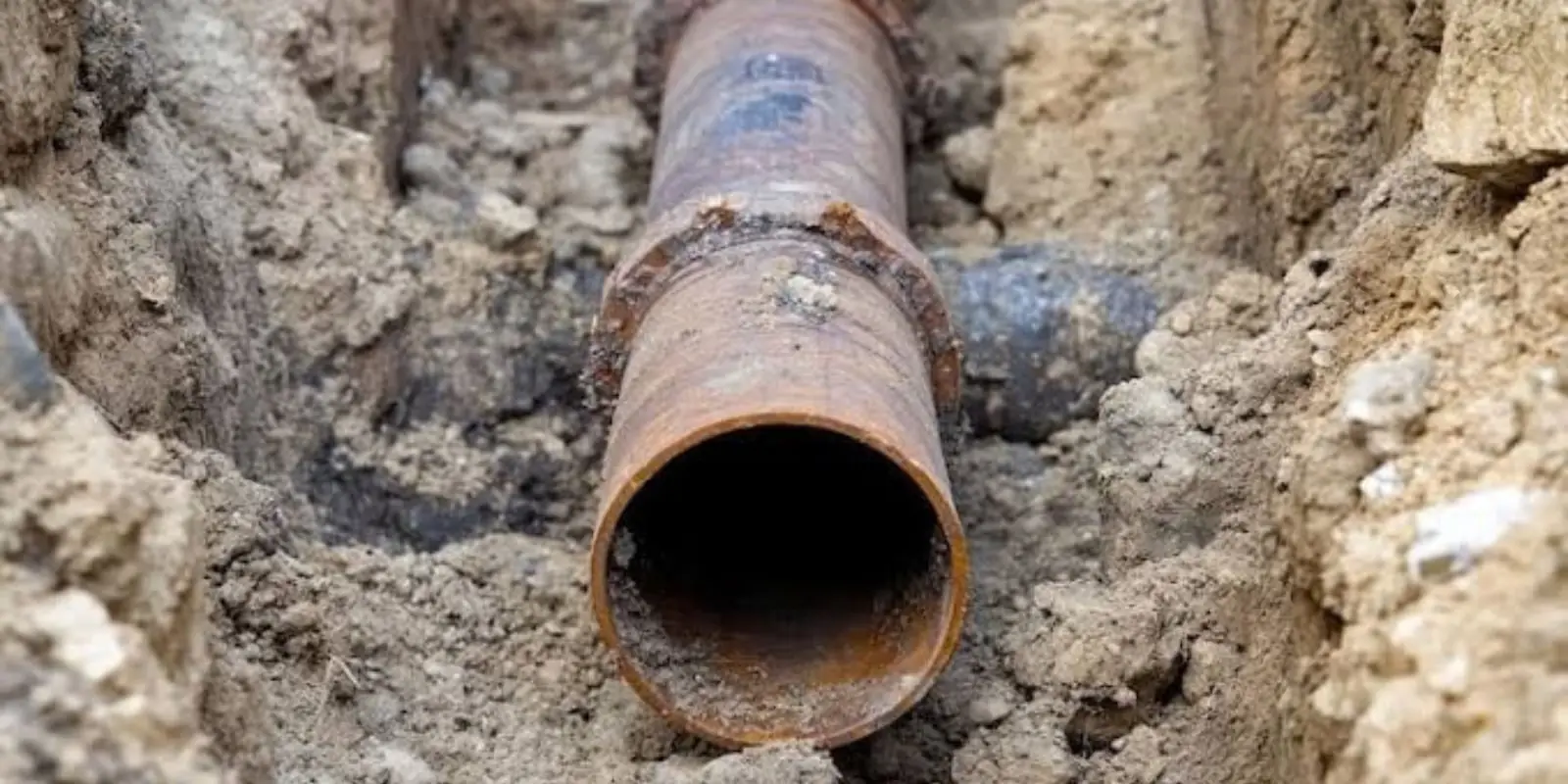 Corroded rusty sewer pipe exposed in an excavated trench with soil walls