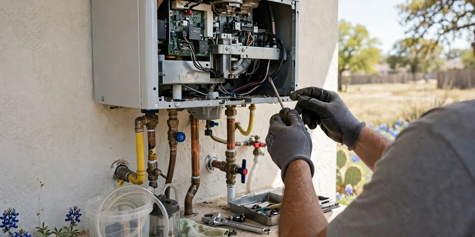 Gloved hands working a screwdriver inside the open panel of a wall mounted tankless water heater