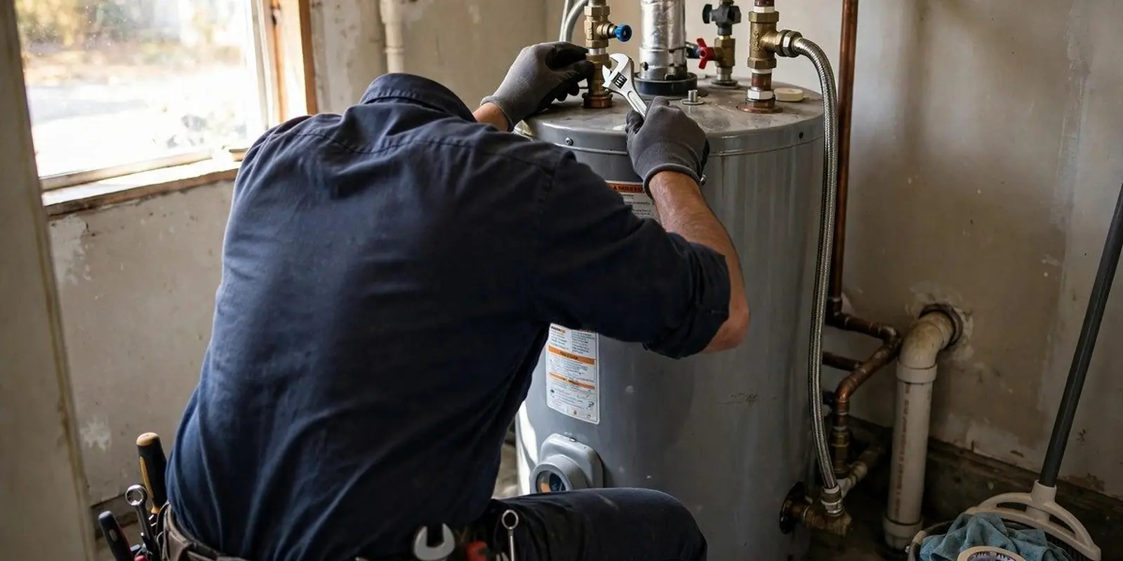 Technician in navy shirt using an adjustable wrench on pipes atop a gray tank water heater