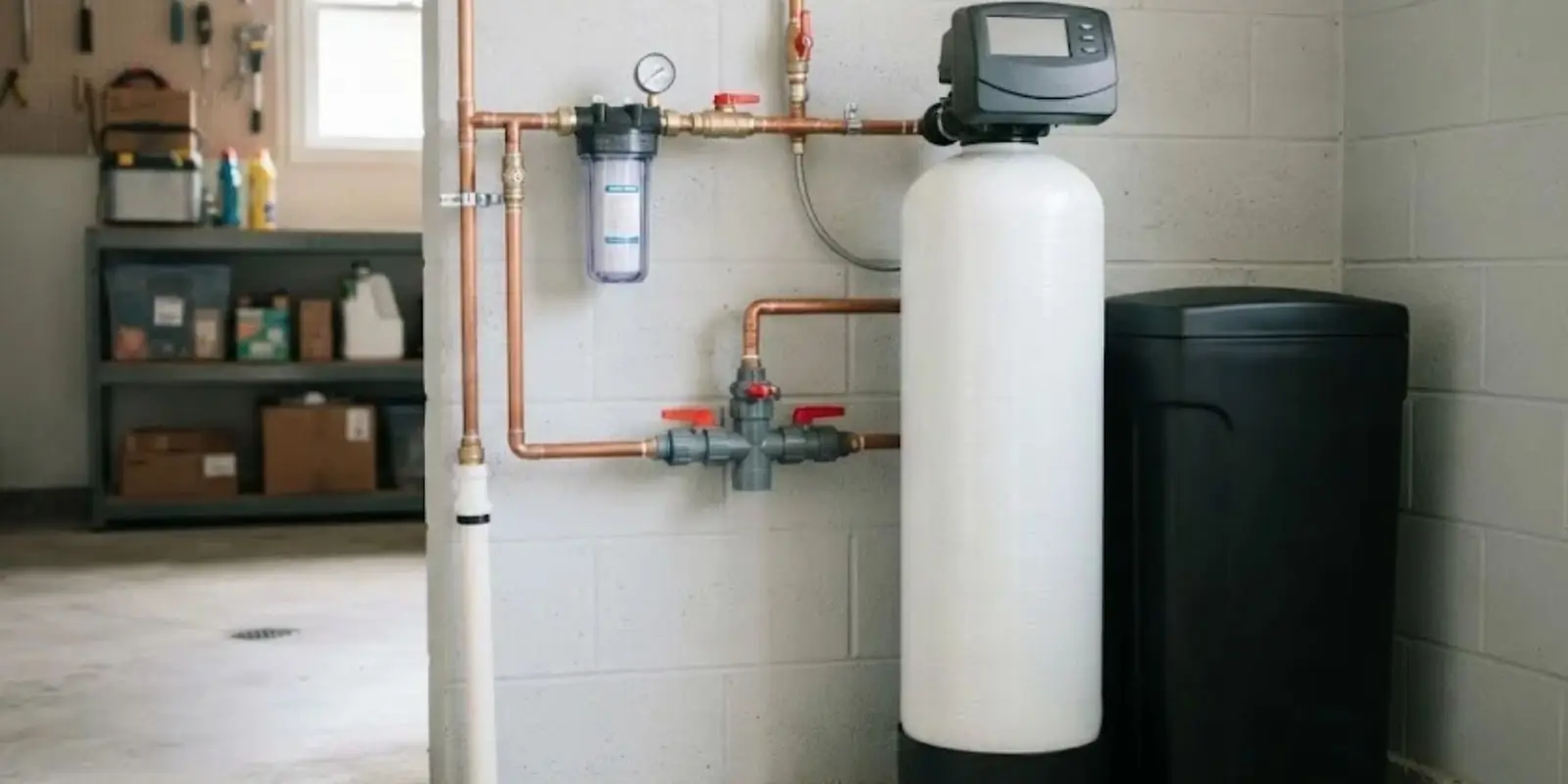 White water softener tank with black brine tank and controller beside a filter in a garage